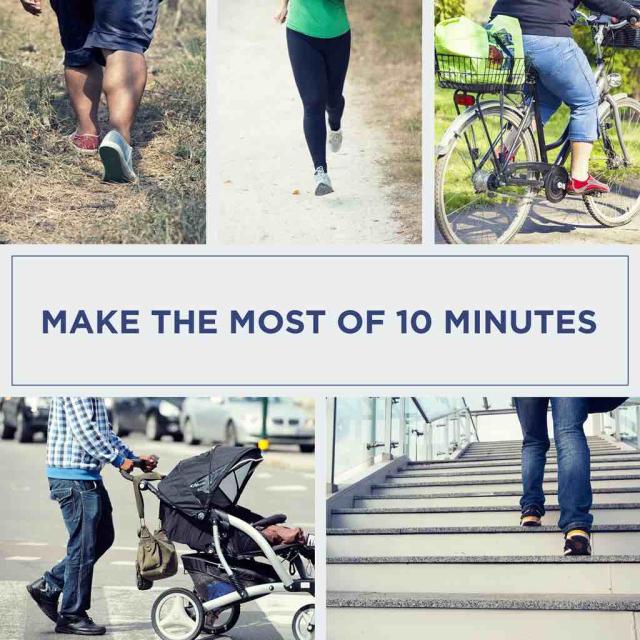 Collage of photos of exercising legs with text saying "Make the most of 10 minutes"