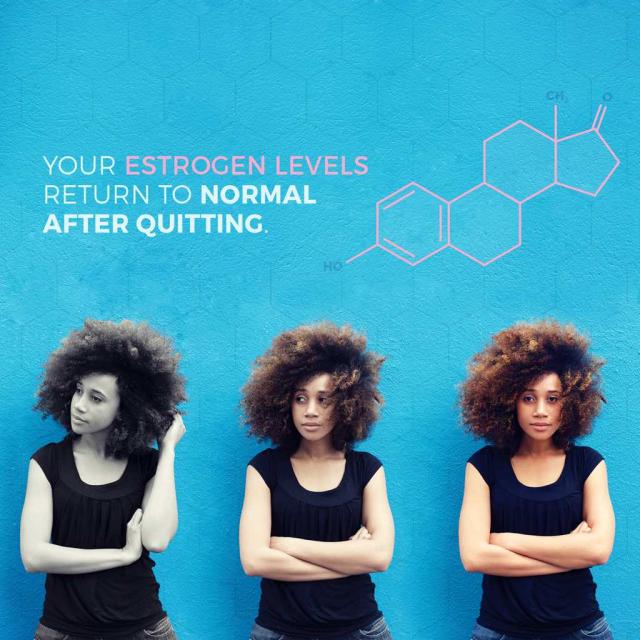 Three photos of a young black woman progressively getting more colorful with text saying "Your estrogen levels return to normal after quitting."
