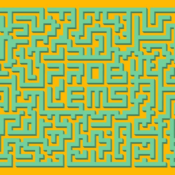 A hedge maze with the word problems spelled out in the middle.