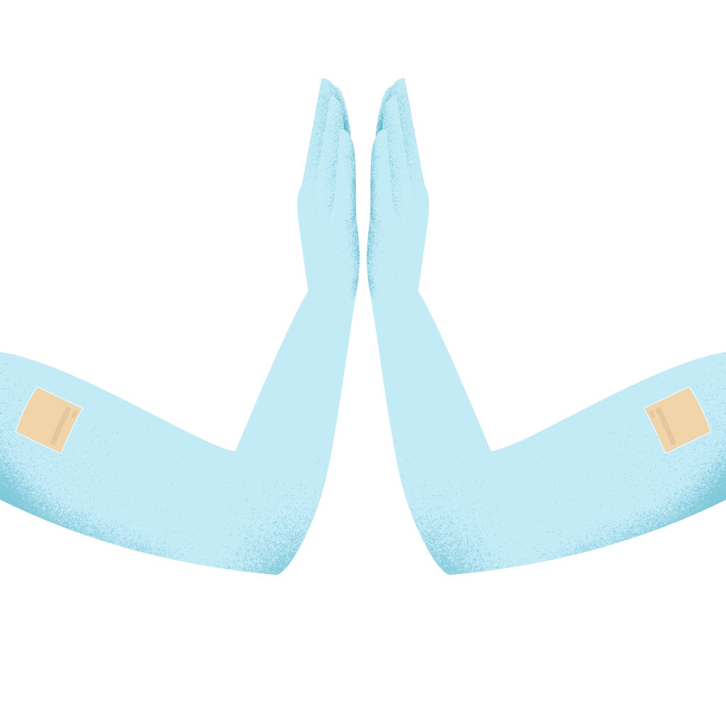 Illustration of two arms with nicotine patches giving high fives.