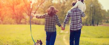 Photo of a man and woman holding hands while walking their dog and carrying their daughter in a park