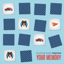 Memory matching game with a group of cards showing a few face up with text saying "quitting helps improve your memory"