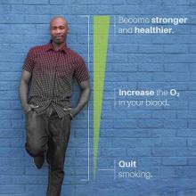 Man standing against wall next to line depicting increase in oxygen and strength after quitting smoking with text at the bottom saying "quit smoking", text in the middle saying "increase the O2 in your blood" and text at the top saying "become stronger and healthier"