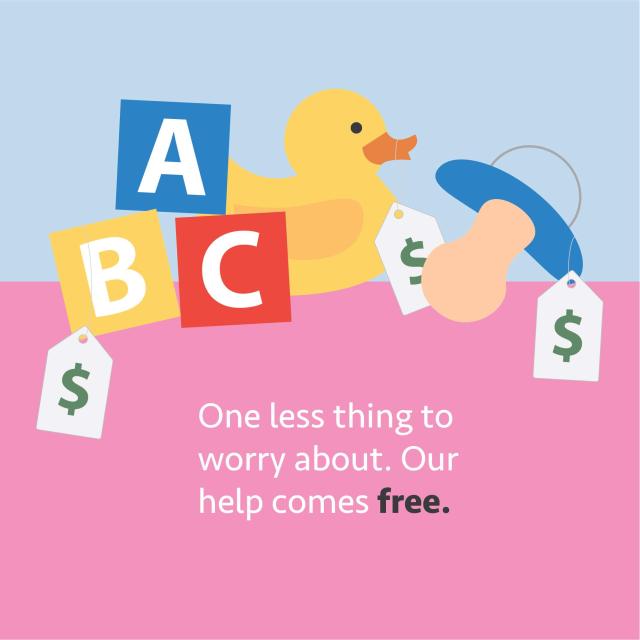 Illustration of rubber duck and ABC blocks with text saying "One less thing to worry about. Our help comes free."