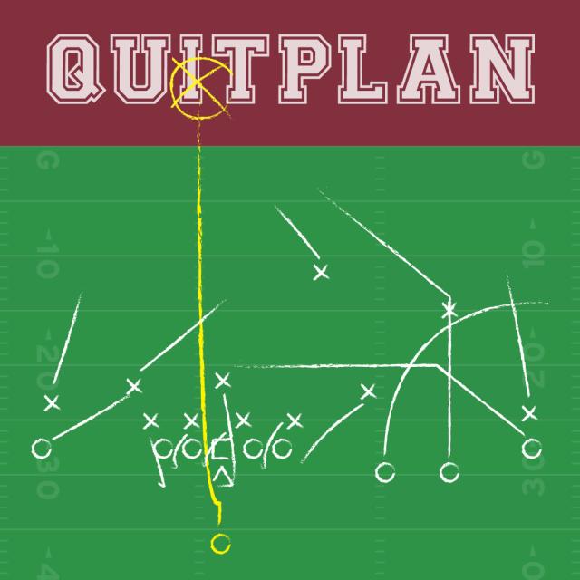 football field with play markings. Text on top of image reads 'quitplan'.