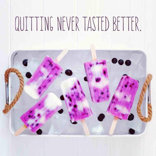 Photo of a tray of berry popsicles with text saying "Quitting never tasted better."