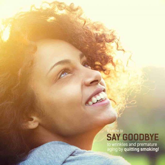 Photo of a smiling woman looking up toward sky with text saying "It's time to say goodbye to wrinkles and premature aging by smoking!"